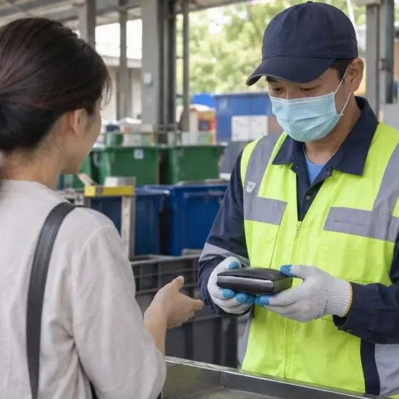 民眾在回收場所向戴手套的工作人員說明膨脹行動電源