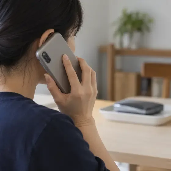 民眾拿著手機聯絡回收資訊，桌面後方隔離放著膨脹行動電源