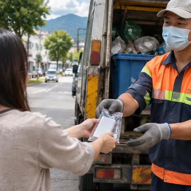 民眾在街邊把單獨裝袋的白色行動電源交給穿反光制服的資源回收車工作人員