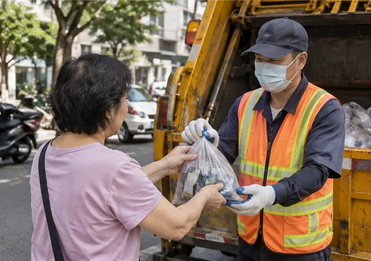 民眾在街邊把單獨整理好的廢電池交給穿反光背心與手套的清運人員，旁邊停著清運車
