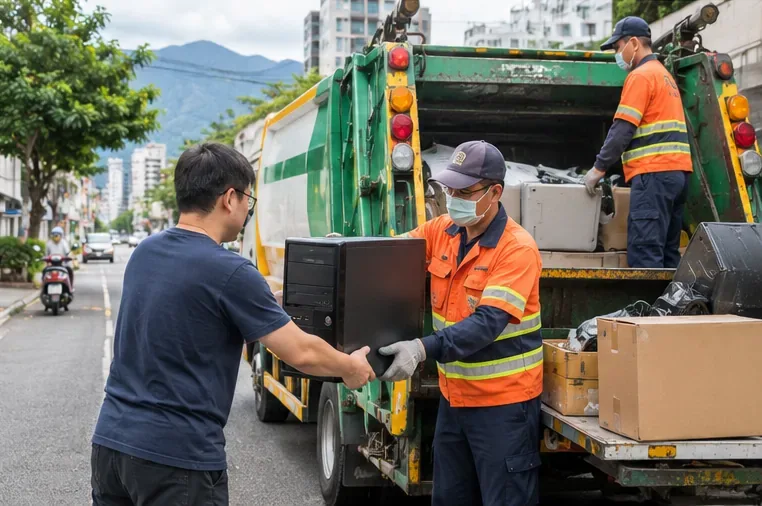 花蓮市街景中民眾把舊桌上型電腦主機交給資源回收清運人員