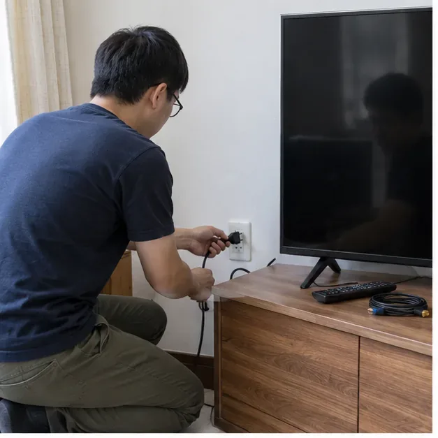 住戶在客廳拔除平面電視的電源線，電視旁放有遙控器與已整理的連接線