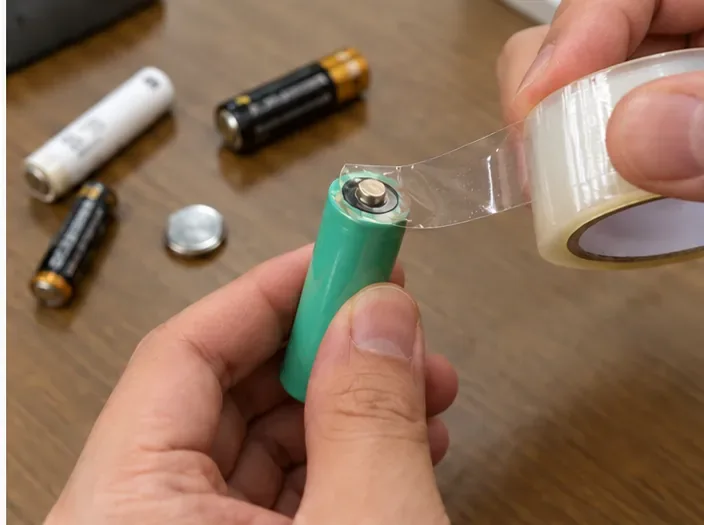 手持透明膠帶覆蓋一顆圓柱形充電電池的金屬電極