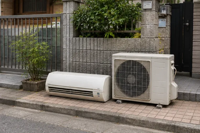 已拆下的冷氣室內機與室外機整齊放在住宅外側，等待約定的回收清運