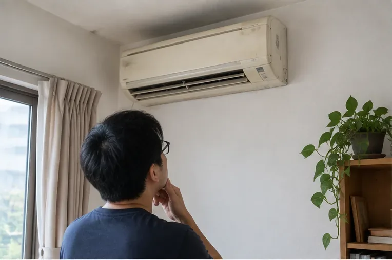 住家牆上有一台老舊分離式冷氣室內機，屋主站在下方評估是否汰換