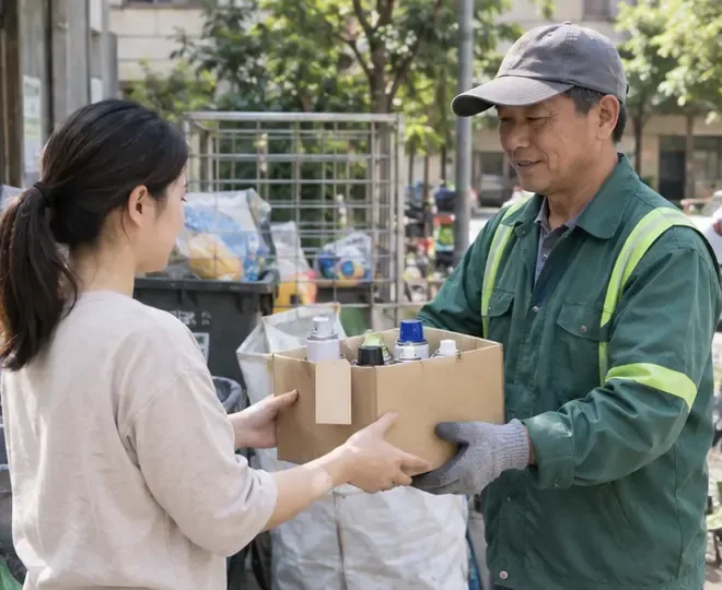 居民在社區回收點把獨立裝箱的噴霧罐交給戴手套的資收人員