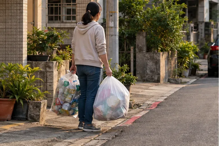 居民提著綁妥的垃圾袋與回收物走向路邊，準備在車輛抵達時交付。