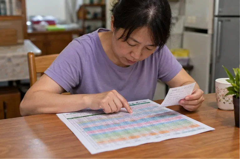 居民在桌邊對照紙本路線表與手寫地址，適合先確認自家所在路線。
