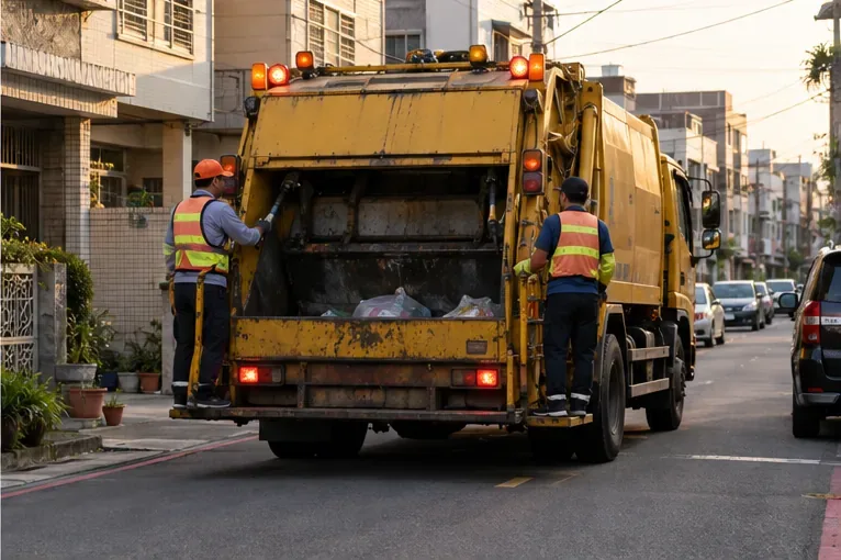 清潔隊員在住宅街道旁操作垃圾車後方設備，呈現垃圾車沿線收運情境。