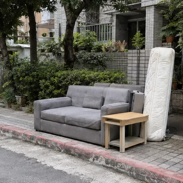沙發、床墊與小茶几整齊放在住宅道路邊緣，沒有阻擋車道與行人通行