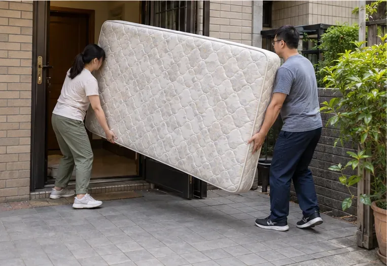 兩位住戶合力將床墊從住家門口搬到屋外