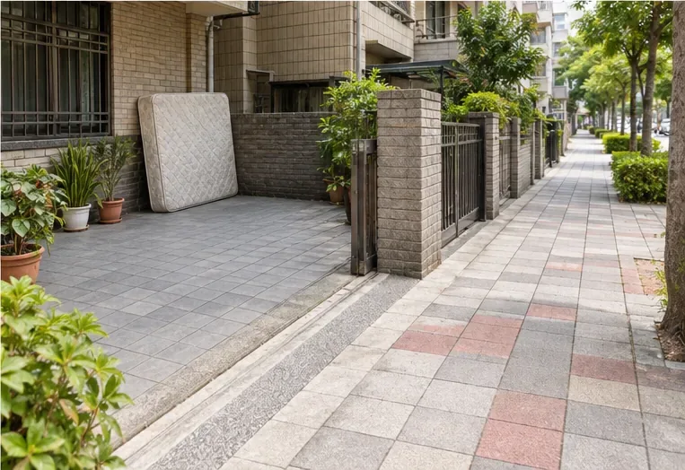 床墊暫放在建物退縮的私人空地，前方人行道保持通暢
