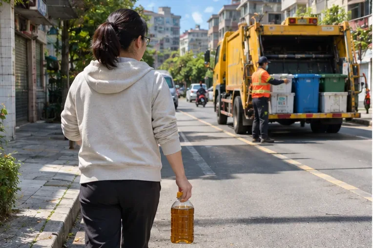 居民手提密封廢油瓶走向停靠中的資源回收車