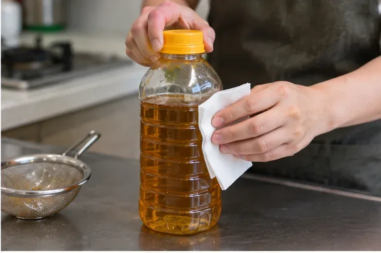 裝有廢食用油的塑膠瓶已鎖緊瓶蓋，外側擦拭乾淨