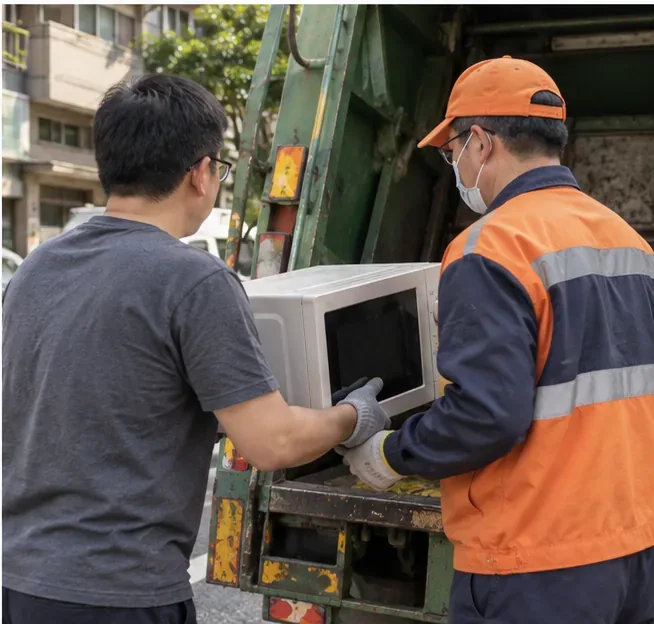 住戶與清運人員一起把舊微波爐搬上回收清運車，完成家電交付