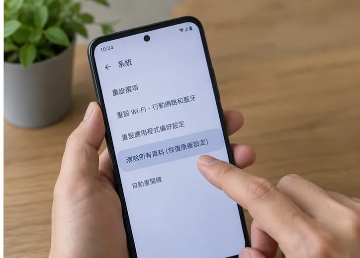 手持手機開啟系統重設畫面並準備清除所有資料的操作情境
