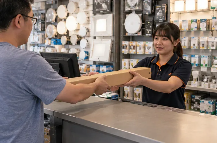 照明器材店櫃檯前，顧客與店員雙手交接裝在長紙盒內的燈管