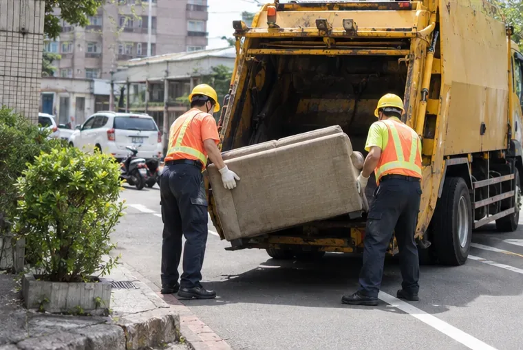 兩名穿反光背心並戴安全帽的清潔人員把舊沙發裝上垃圾清運車