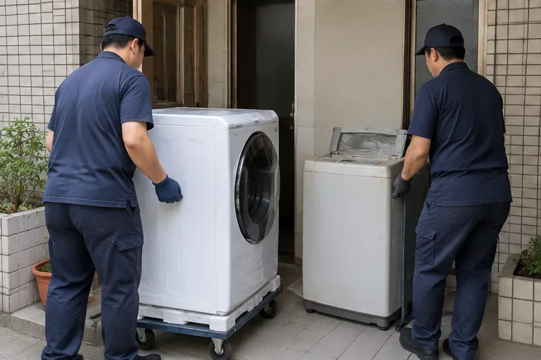兩名搬運人員在住宅入口移動新舊洗衣機，使用推車並保持出入口通道暢通