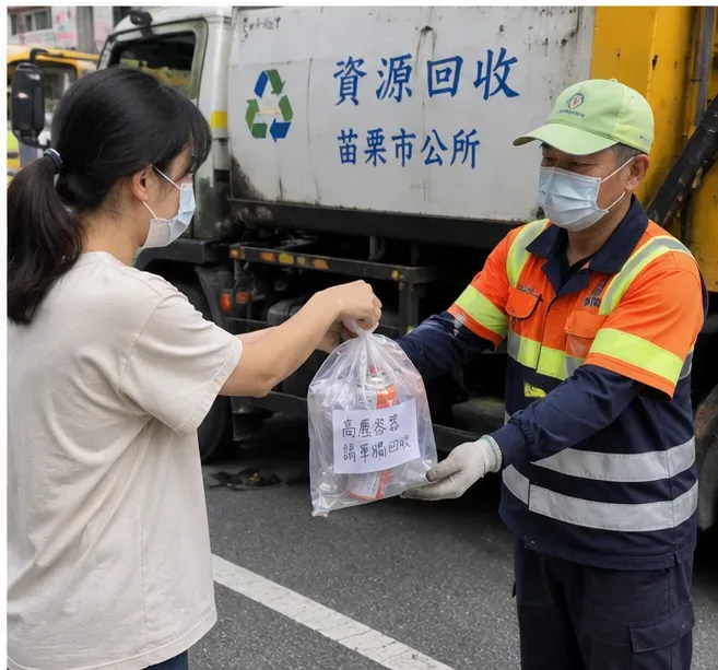 一名居民將裝有高壓瓦斯罐並標示警語的透明袋直接交給苗栗市資源回收車旁的清潔人員