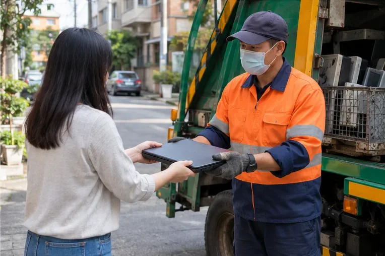 民眾把闔上的筆記型電腦交給站在資源回收車旁的回收人員，示意當面交付而非放置路邊