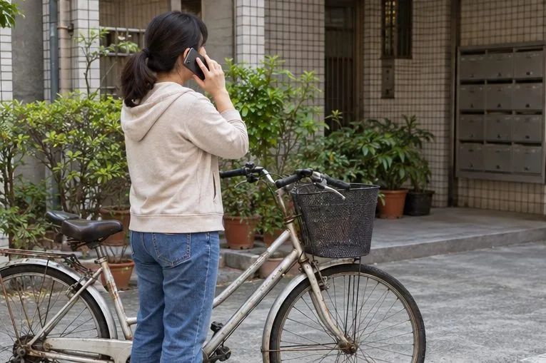 居民站在腳踏車旁以手機通話，背景是住宅入口。