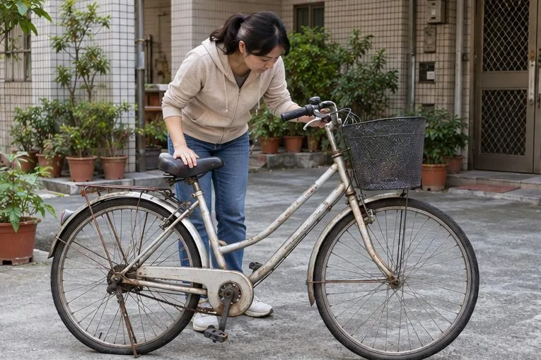 一名居民在公寓中庭檢查一輛車架完整、外觀老舊的傳統腳踏車。
