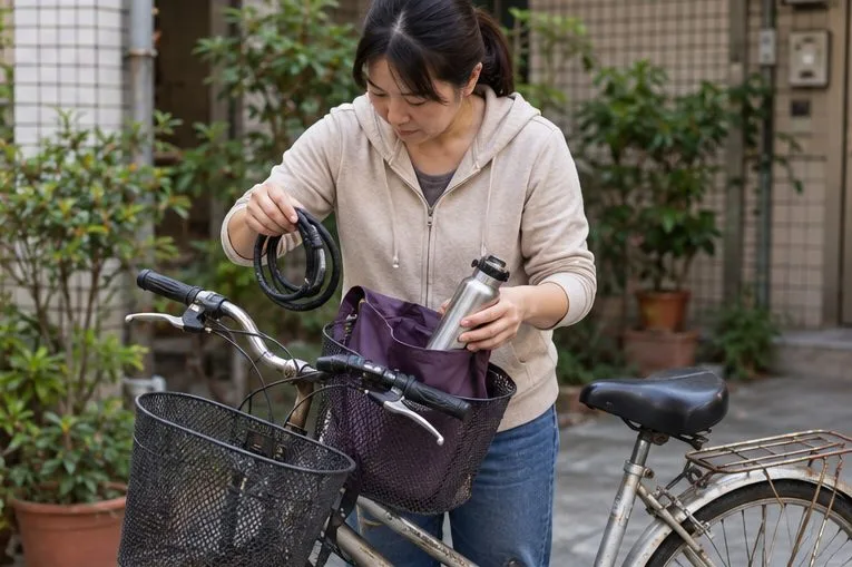 一名居民從腳踏車籃中取出隨身袋與水壺，並收起車鎖。