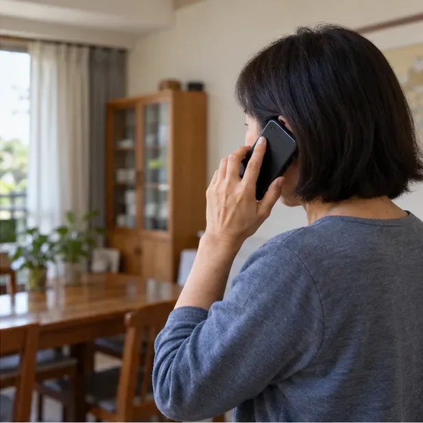 一名居民拿著手機聯絡地方清潔隊，桌面周圍沒有放置膨脹行動電源。