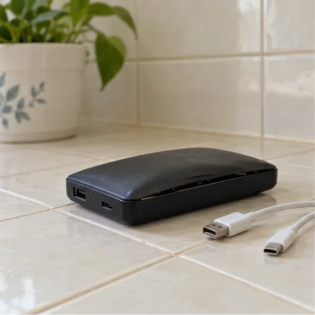 一顆外殼隆起的黑色行動電源未連接充電線，單獨放在乾燥的磁磚檯面上。