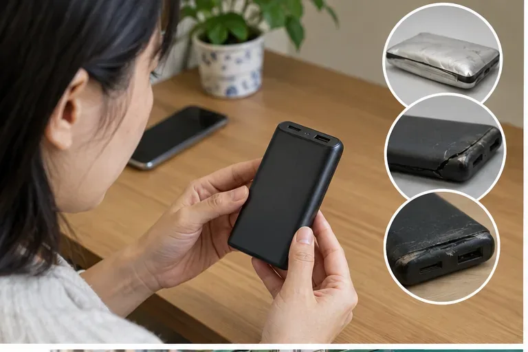 一名使用者在桌面前檢查黑色行動電源，旁邊以近距離畫面呈現膨脹、裂損與外殼受損的狀態