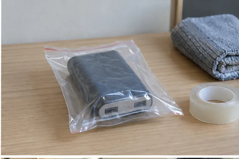 一顆廢棄行動電源單獨放入透明夾鏈袋中，旁邊放有膠帶，準備進行回收