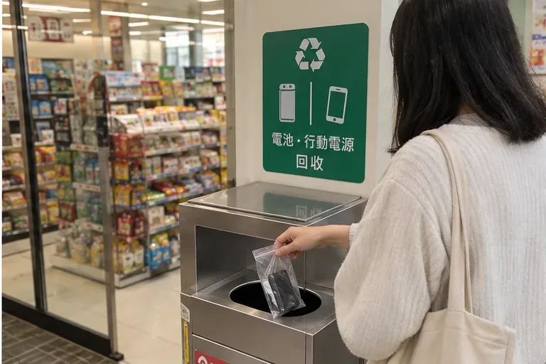 民眾在便利商店旁的電池與行動電源回收設施前，將已包裝的行動電源投入指定回收口
