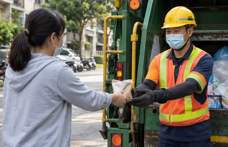居民將單獨包裝的小型回收物交給資源回收車旁的工作人員