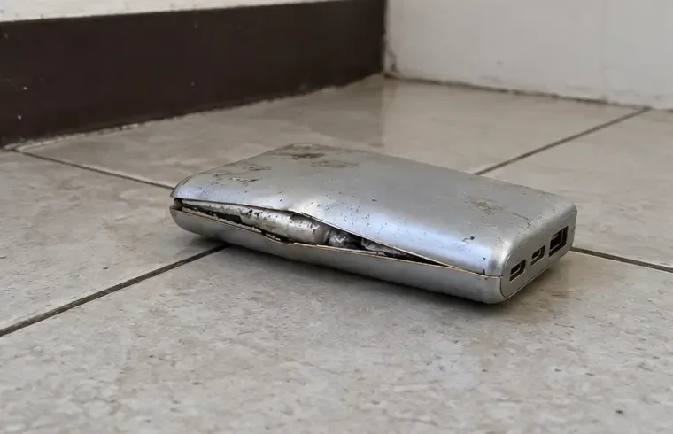 外殼已鼓起並裂開的行動電源獨自放在地磚上，周圍沒有其他物品