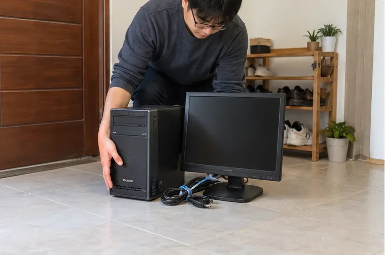 一名男子把桌上型電腦主機、液晶螢幕和整理好的電線放在門口旁，準備搬出交付回收