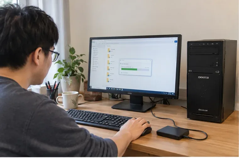 一名男子在桌上使用舊桌上型電腦，螢幕顯示檔案傳輸畫面，旁邊接著外接硬碟，示意回收前先備份資料