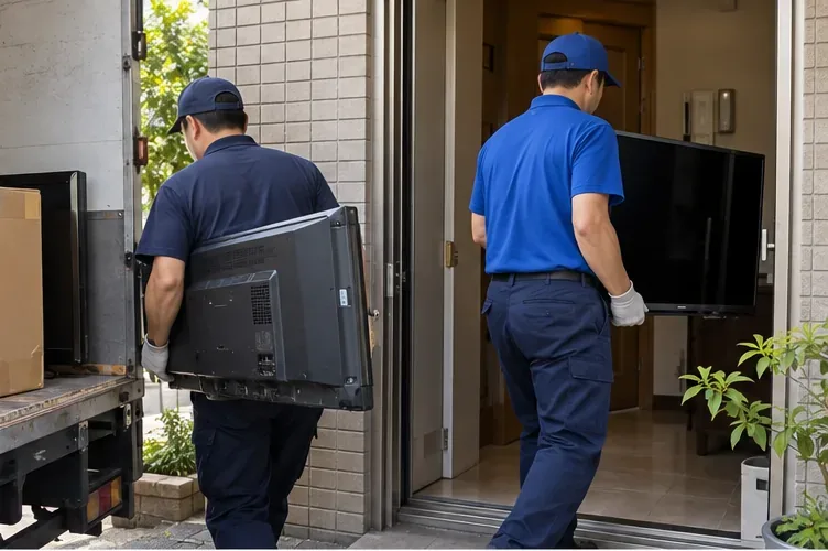 兩名搬運人員在住家門口搬運平面電視，示意新機配送時同步處理舊機