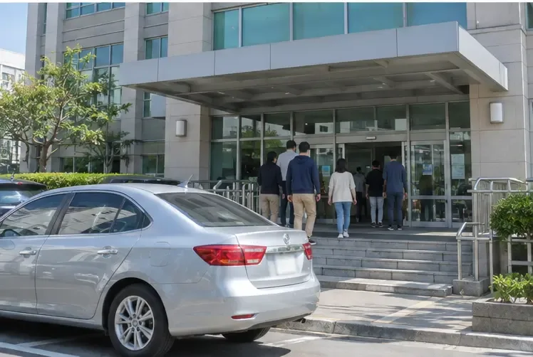 一輛汽車停在臺灣公路監理機關辦公大樓前，民眾正走入入口