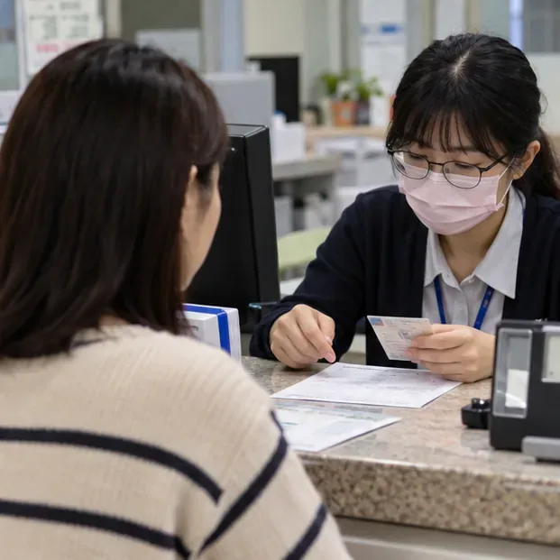 女子在戶政事務所櫃台與承辦人員核對申請資料