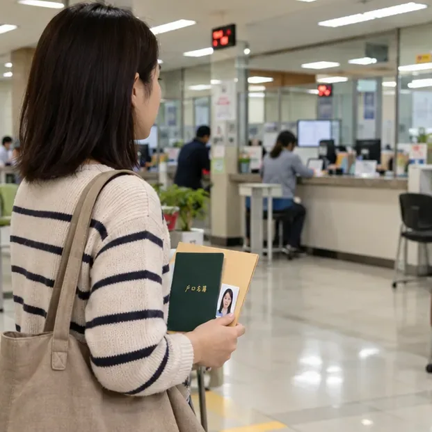 女子帶著戶口名簿與照片在戶政事務所等候辦理