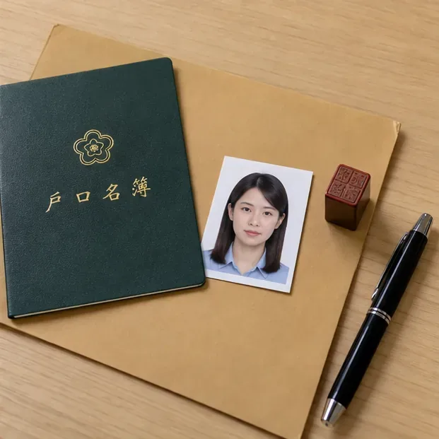 桌面上放著戶口名簿、符合證件照用途的人像照片、印章與筆