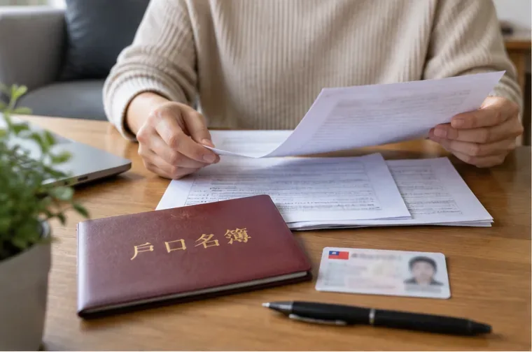 桌面上放著戶口名簿、國民身分證、文件與筆，住戶正在整理遷戶籍資料