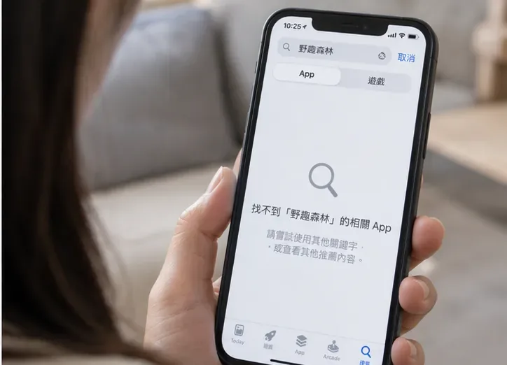 使用者拿著手機搜尋野趣森林應用程式，畫面用來說明找不到可核對官方身分的 App 時不要轉向陌生下載網站