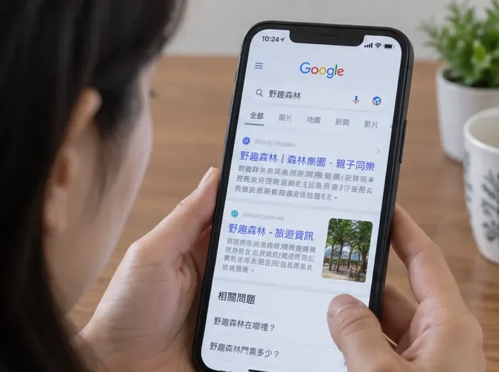 一名使用者在手機上搜尋野趣森林，畫面用來呈現先辨識搜尋結果屬於實體園區還是數位產品的查證動作