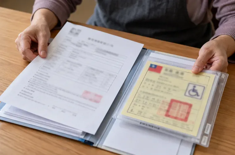 桌面上攤開一份醫療評估文件與收在透明套中的身心障礙證明