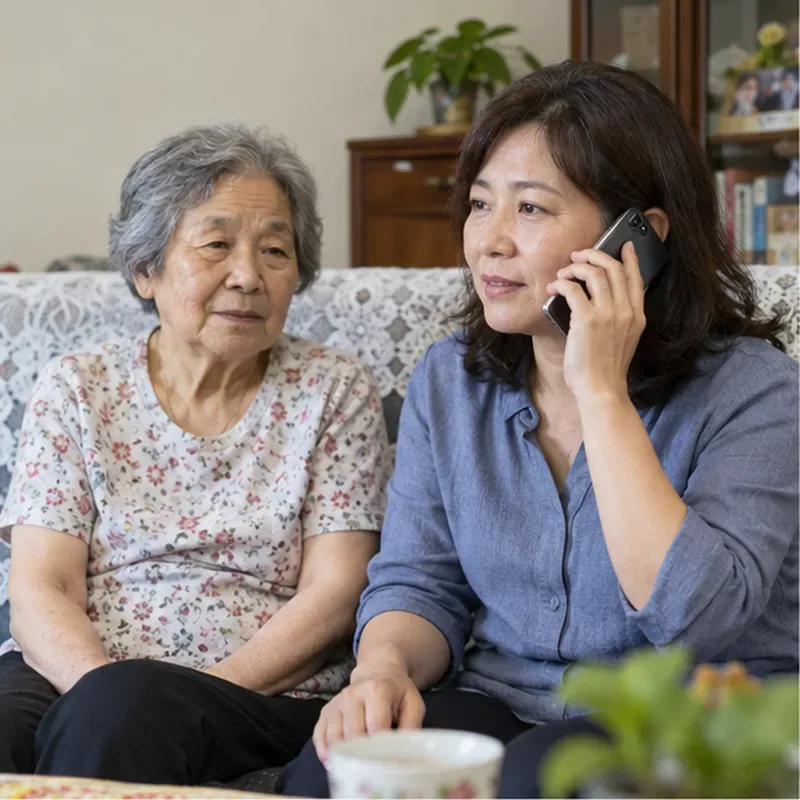 女兒在家中陪著年長母親用手機撥打長照專線，示意先以1966詢問長照申請