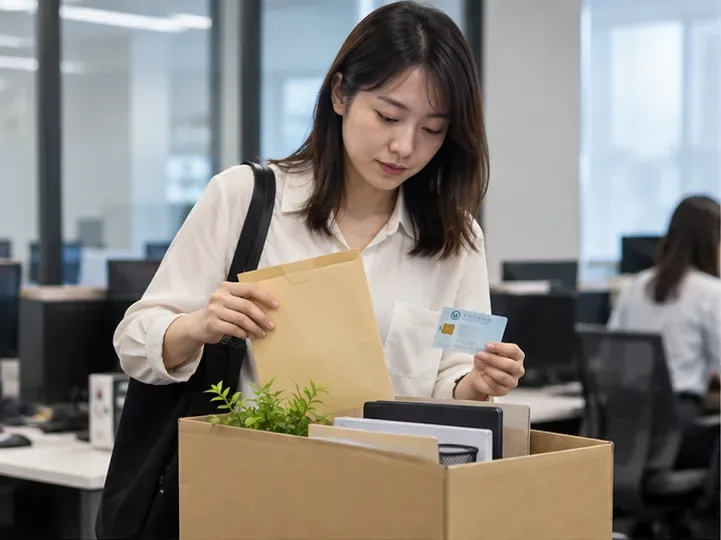 一名剛離開公司的上班族整理文件與健保卡，準備確認離職後的投保身分