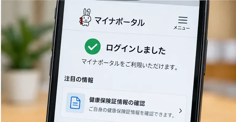 電子証明書更新後にマイナポータルへ正常にログインできた状態を示すスマートフォン画面