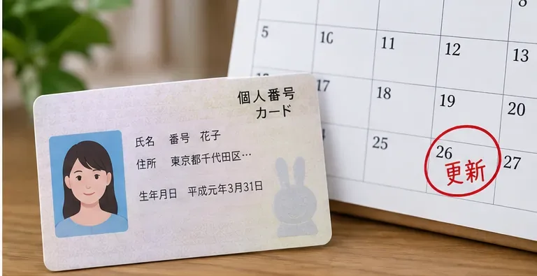 マイナンバーカードと更新日を示すカレンダーを並べて有効期限確認を表した写真